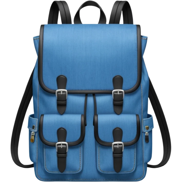 a blue denim backpack with a flap top, two vertical *black buckle straps* on the front, only at the top. The backpack has two side pockets and a soft square shape. 

 emoji