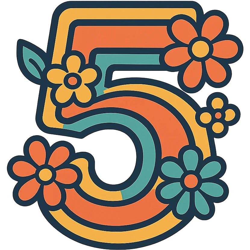 number 5 in a retro 70s style, outlined with floral patterns emoji
