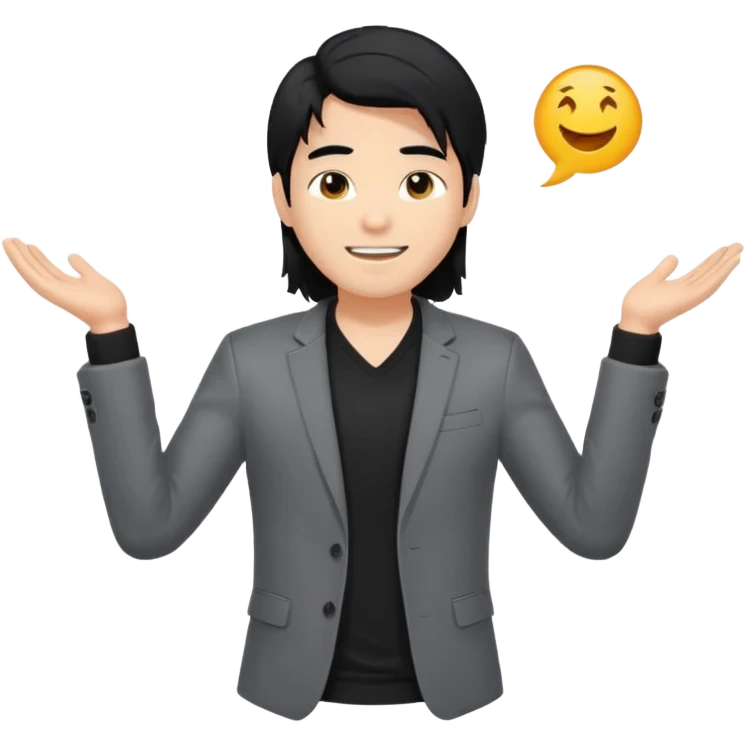 asian young man with long black hair falling on the forehead in grey blazer and black t-shirt smiling  emoji