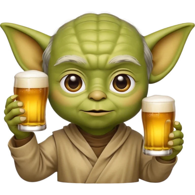 3D emoji-style Yoda head holding a beer glass in one hand. Smooth rounded shapes, soft gradients, friendly expression. Golden beer with foam in transparent glass. Close-up, centered. PNG, transparent background. emoji