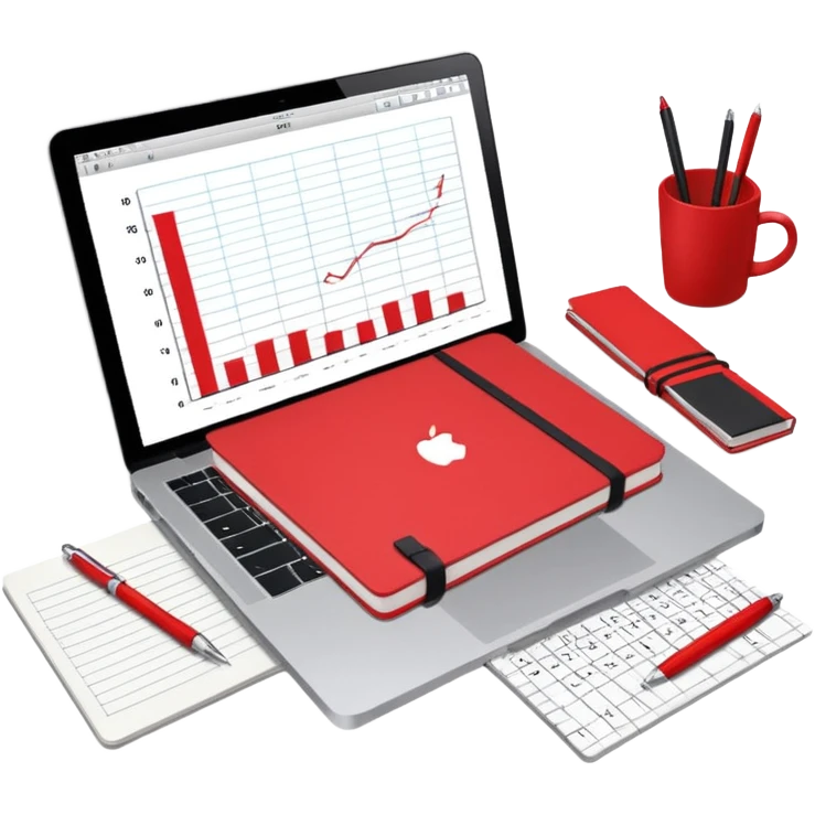 top view of a MacBook and a notebook with a pen nearby, notebook pages filled with handwritten bar charts, red notebook emoji
