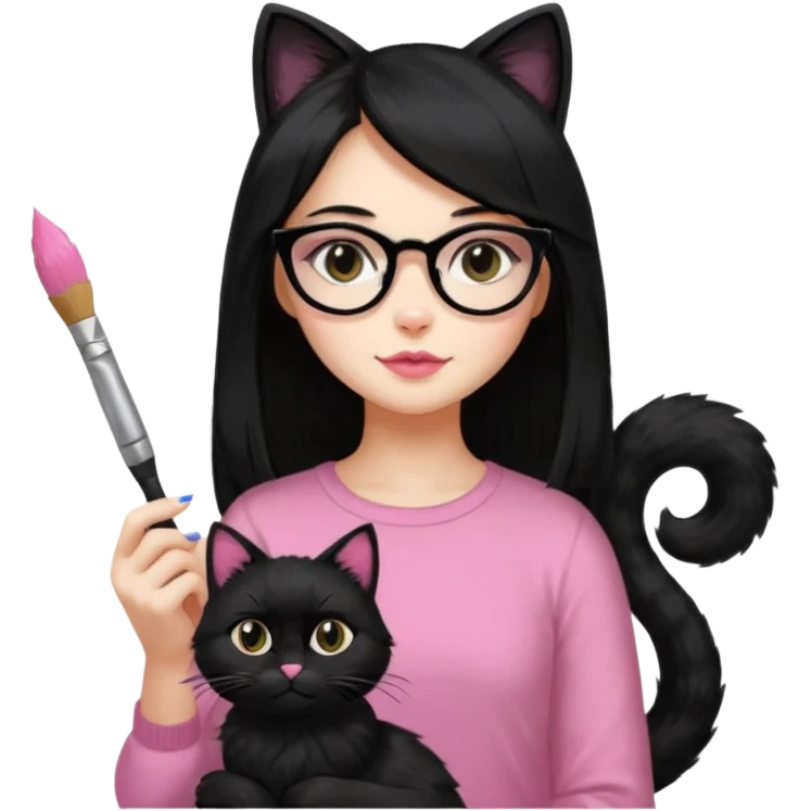 Painting women. smilling   Long black hair,  lunette peinture top pink, pinceau with is black cat  emoji