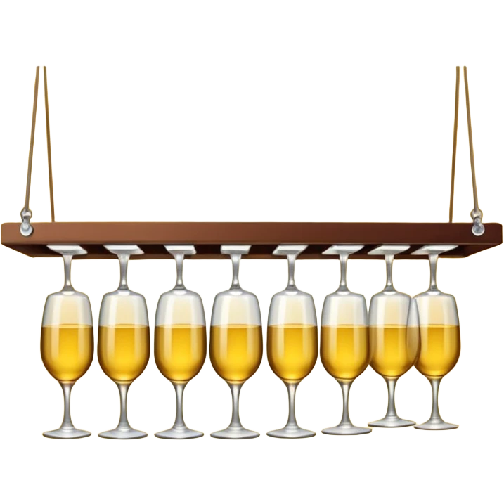 A row of hanging wine glasses upside-down under a yellow light shelf
 emoji