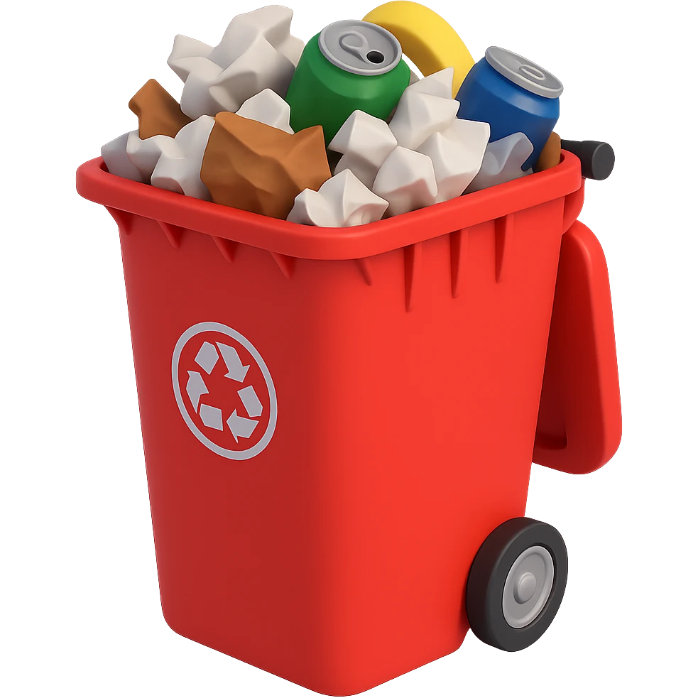 Make the red trash bin overflowing with garbage, keep the 3D emoji style, no background. emoji