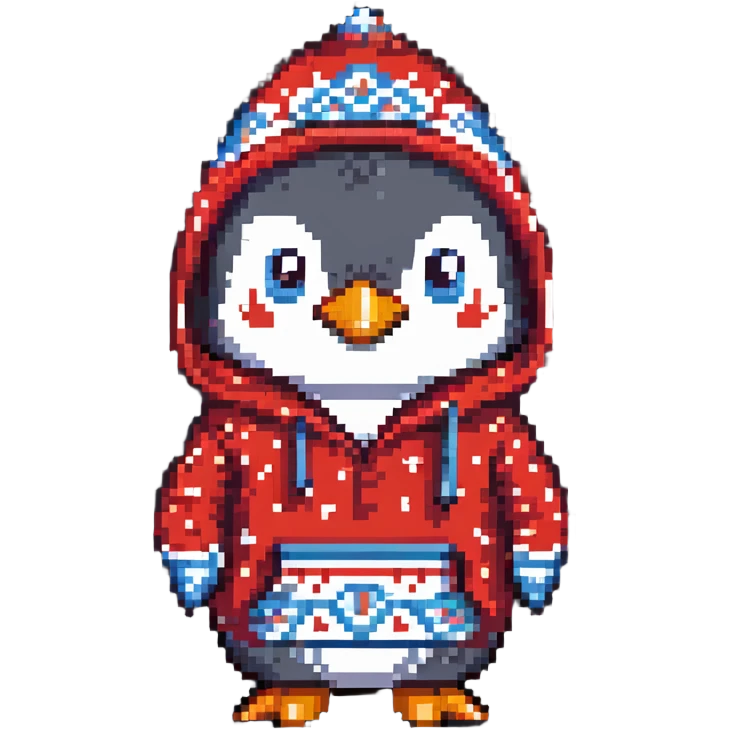 penguin wearing a red paisley pattern hoodie emoji