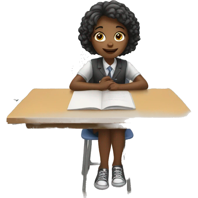 girl is sitting at school desk, one hand is raised emoji