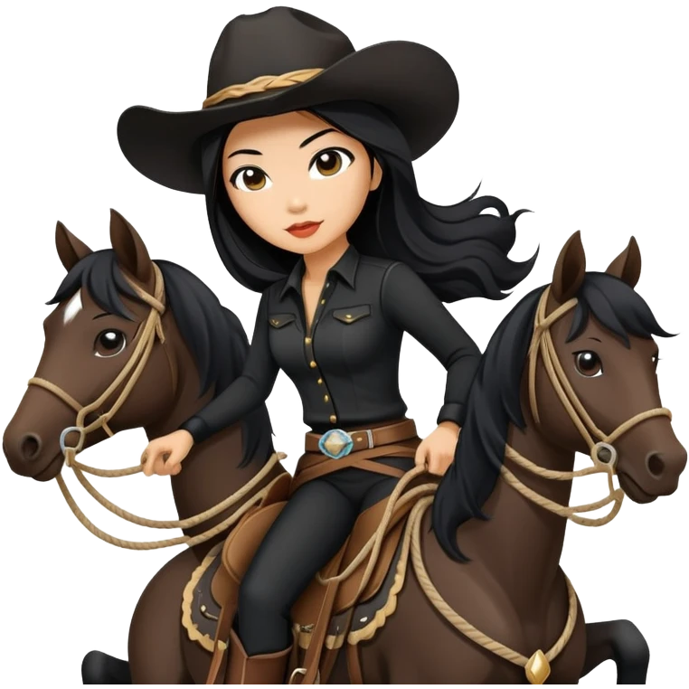 confident Asian woman with long black hair wearing black outfit riding a horse cowgirl style with a lasso emoji