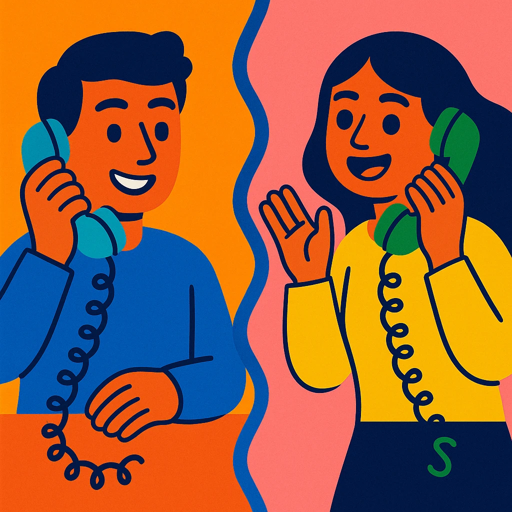 two people on a land line phone, separated by a wavy line, vibrant toon style, friendly and expressive emoji