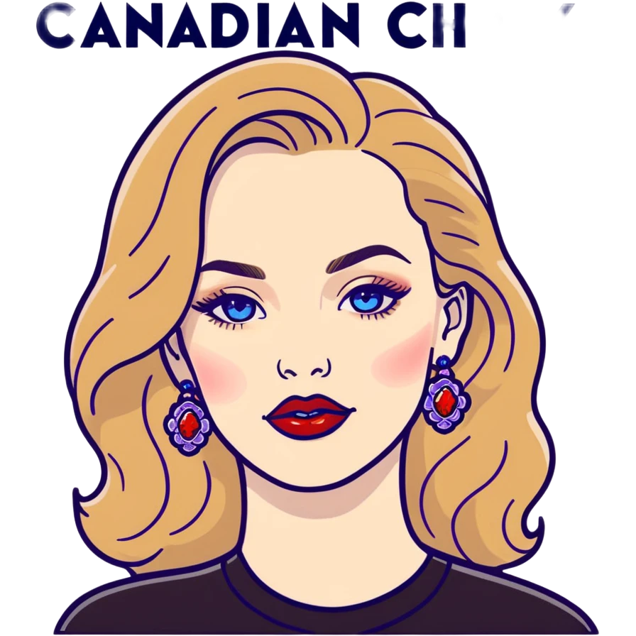 Female with Pale skin wavy long brown blonde hair crystal blue eyes bigger lips wearing red matte lipstick. wearing a black long sleeves the phrase Canadian Chick writing on the front in a red and purple colored font and large 24k gold earrings emoji