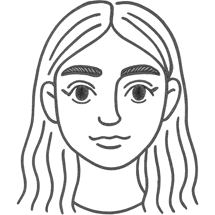 pretty girl with thick eyebrows, straight brown hair and brown eyes, curled eyelashes, hand drawn outlined icon emoji