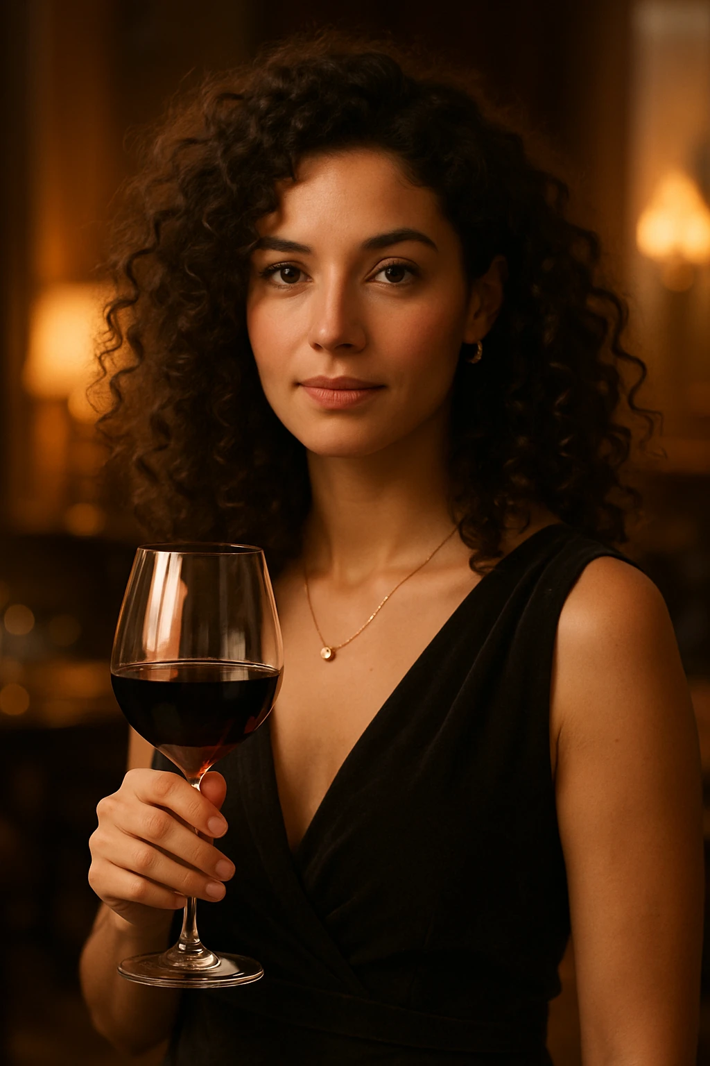 A woman with curly hair holding a glass of wine emoji