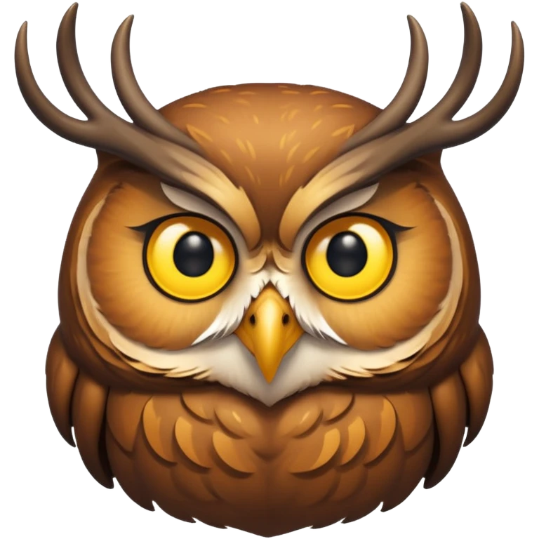 Emoji chouette perchée brun clair, yeux jaunes brillants, bec recourbé, bois de cerf imposants, sagesse et puissance. emoji