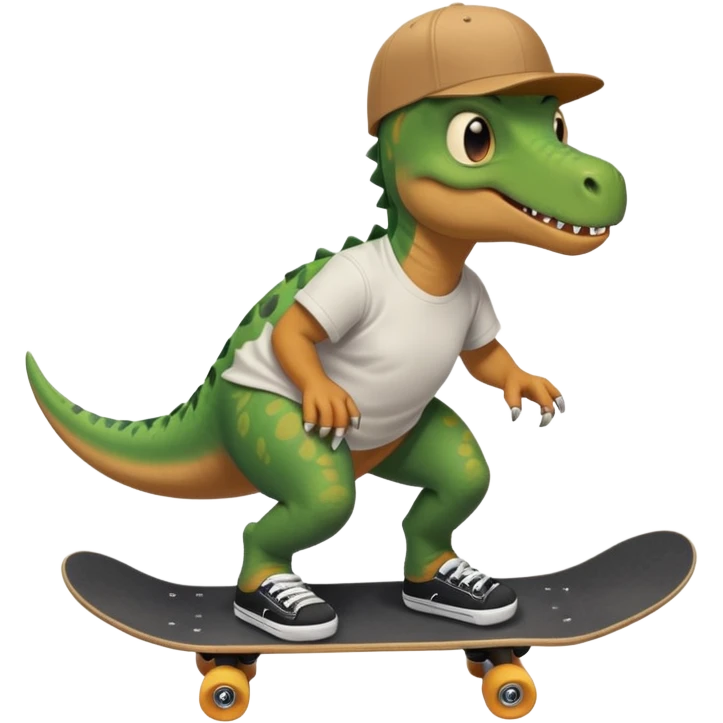 Dinosaur skateboarding at the skate park wearing a t-shirt and doing six seven emoji