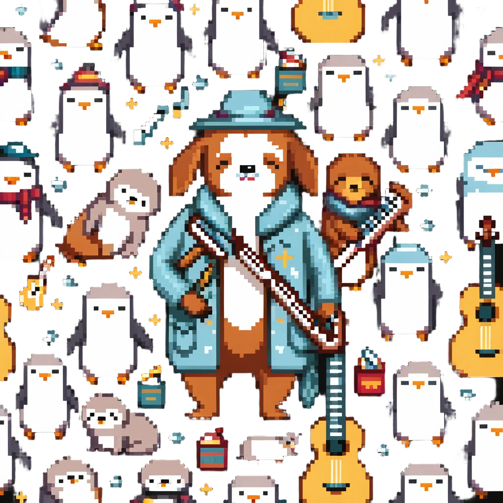 sleepy, fashionable musician character surrounded by dachshunds, penguins, and sloths emoji