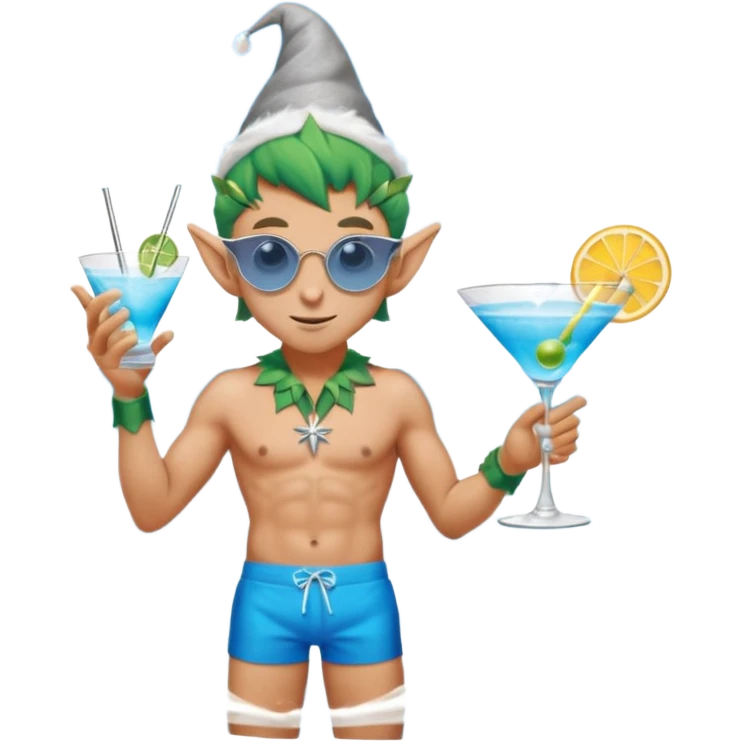 elf male in stylish blue swim trunks, palm extended over cocktail glass, conjuring swirling frost and mist to chill it, silver aviator sunglasses, pointy ears, confident smirk, minimalist beach bar backdrop, centered emoji, summer magic emoji
