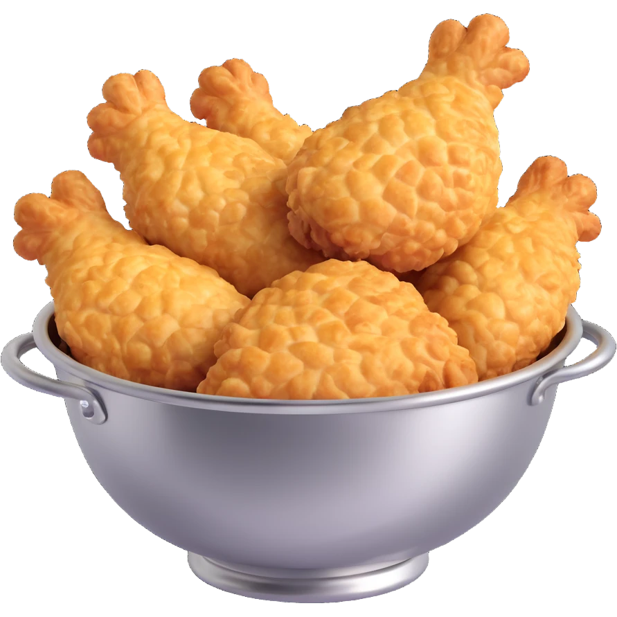 extra crispy golden fried chicken in a silver stainless steel bowl emoji