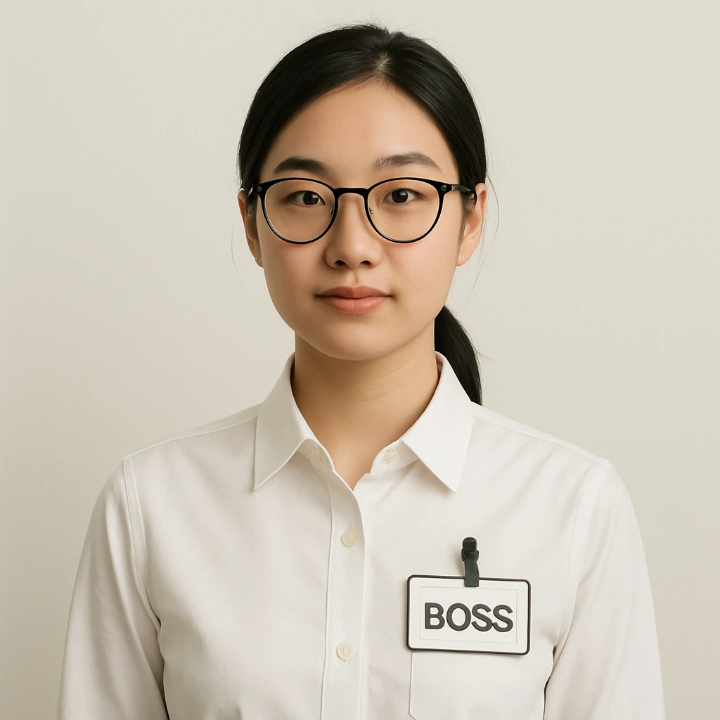 Asian girl wearing glasses, white shirt with boss's work tag, clean background, minimalistic style emoji