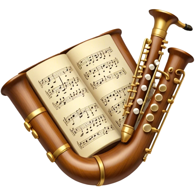 Create a balanced and harmonious emoji that represents traditional wind instruments like duduk, recorder (block flute), piccolo, and others. The design should feature these instruments arranged in a semi-circle or gentle arc to create a sense of unity. Each instrument should be visible but not overpowering, creating a harmonious composition. Add subtle musical notes flowing between the instruments to symbolize their connection through music. Use warm, earthy tones like wood brown, gold, and ivory to reflect the organic, classical feel. The background should be transparent. emoji
