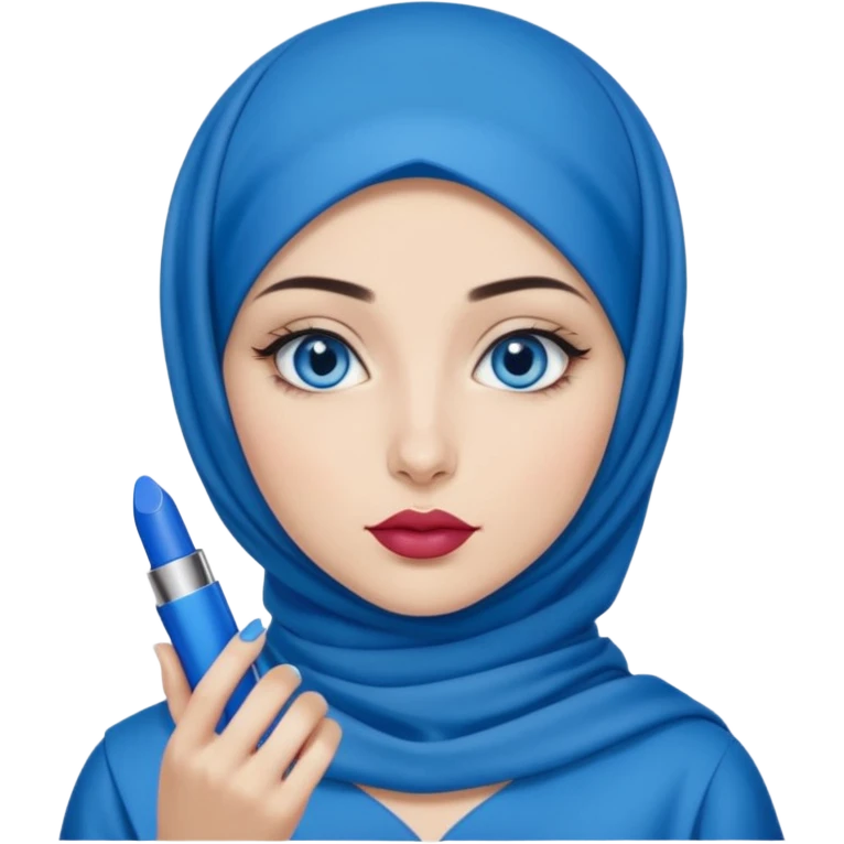 Turkish beautiful finish Konya girl blue eyes with blue hijab islamic dress and had on her hand blue ysl lipstick and hold it emoji