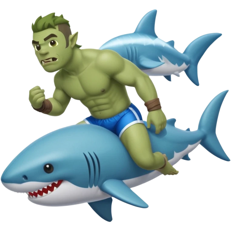 An orc male on an inflatable circle in the form of a shark emoji