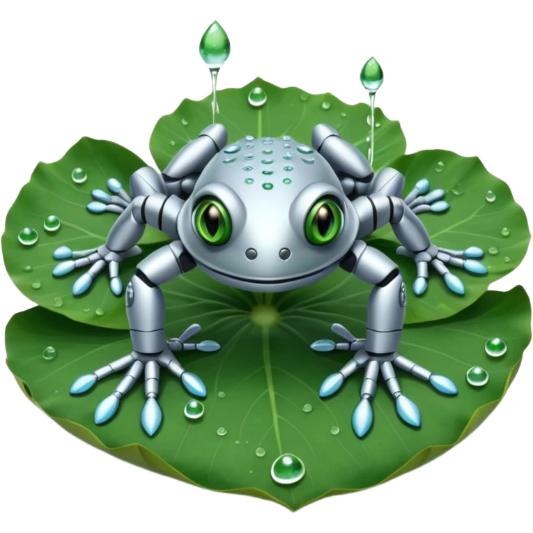 silver robot frog on lotus leaf emoji