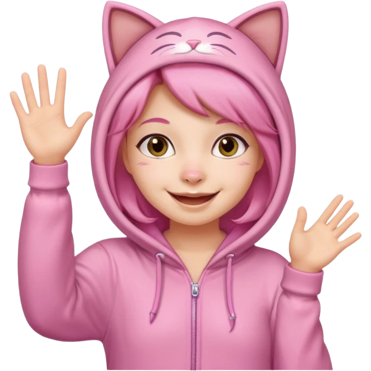 Girl in pink cat onesie waving happily emoji