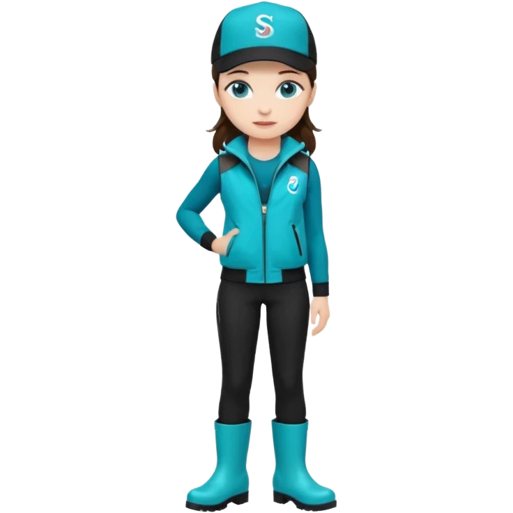 A landscaper in a beautiful turquoise jacket, turquoise rubber boots, and black pants. Over the turquoise jacket, she wears a black sleeveless vest. On her head, she wears a black Swissotel baseball cap. The girl is a brunette with blue eyes. emoji
