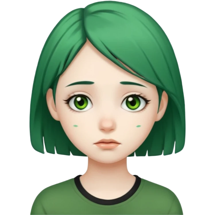 A teenager who looks like Billie Eilish when she had green and black hair tired emoji