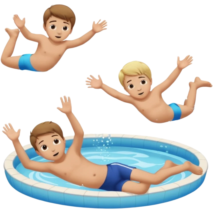 Two blond boys, the third boy with brown hair and a little baby girl with braun hair doing a belly flop in to a pool full of water. Show the pool emoji