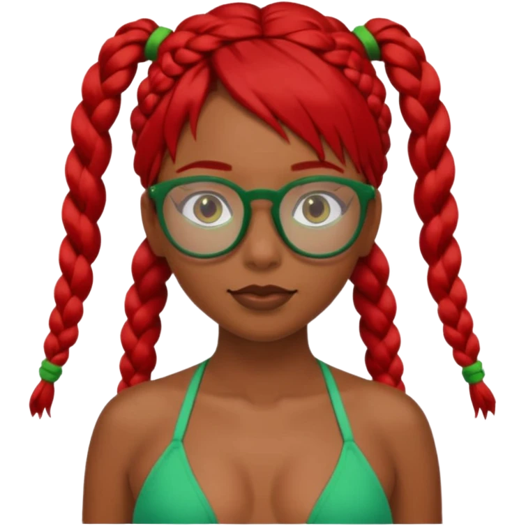 Dark Tan girl with two long red plaits and red rimmed  glasses, green bikini top,  head neck and shoulder shot only emoji