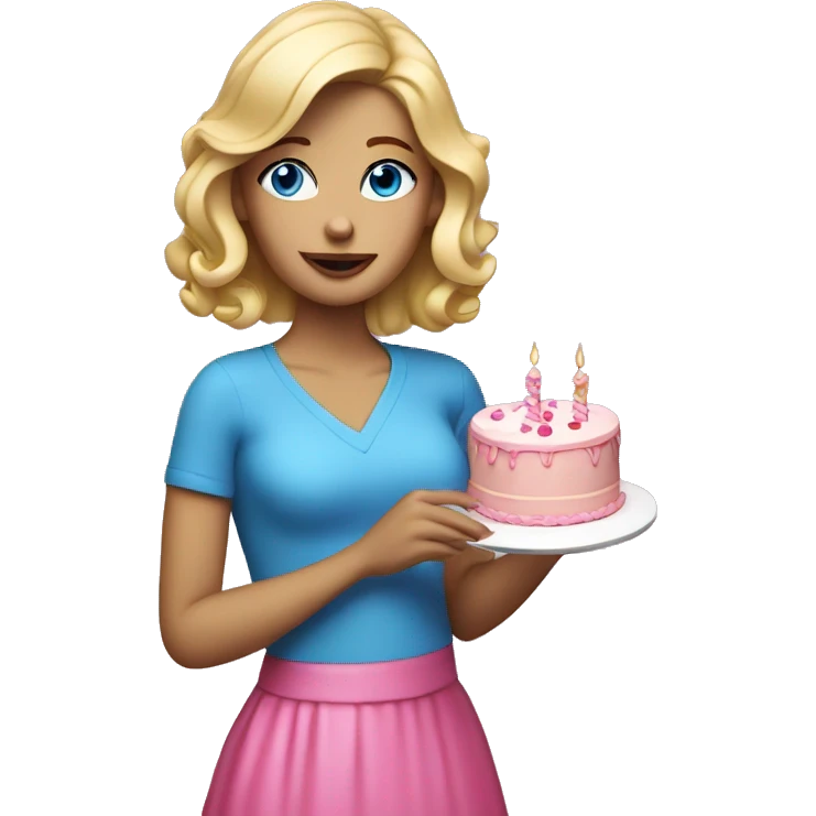 Blonde woman with blue eyes holding a pink birthday cake  emoji