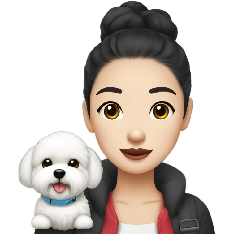 A cute korean style bichon frise with a dark-haired in a bun Asian woman at the airport  emoji