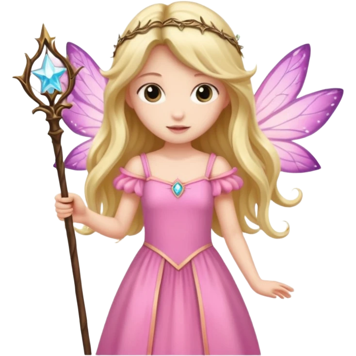 long haired fairy with small eyes, pink dress and a wand emoji