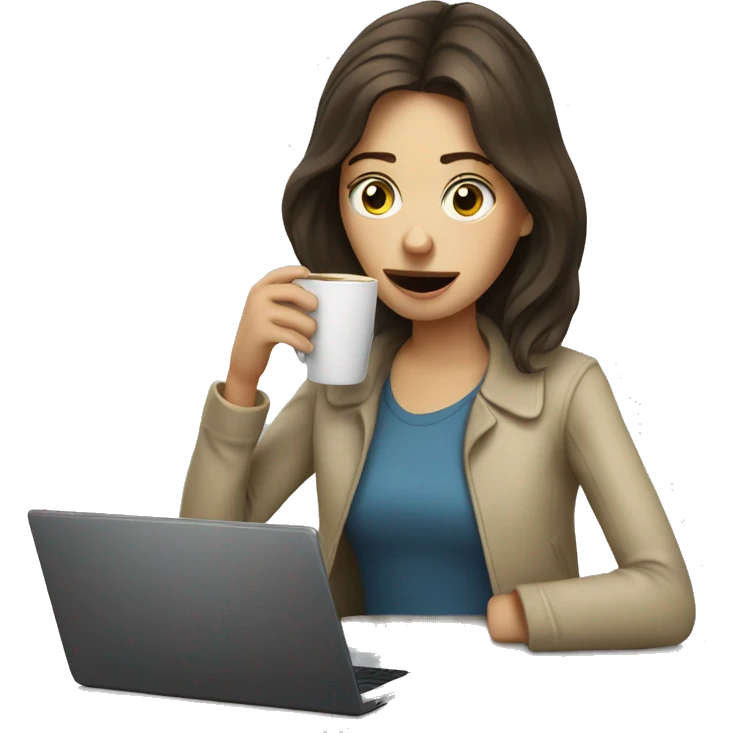 tired french girl with laptop drinking a lot of coffee emoji