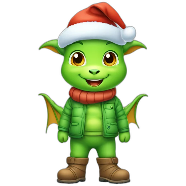 happy little green cartoon dragon of child in winter, in work pants, in work clothes, in winter boots, in a Santa Claus hat, New Year emoji
