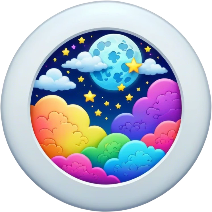 Beveled button with Neon rainbow colored damask style full moon with stars and clouds in the center emoji