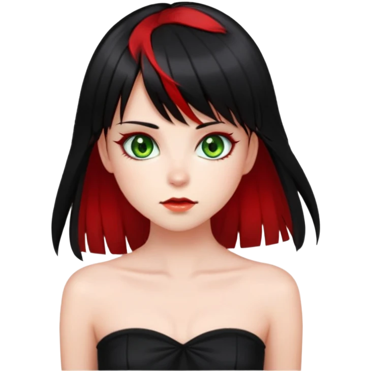 Girl. Green hazel eyes. Black hair with red long bangs and red perk-a-boo underlights. Medium long hair. black strapless crop top. Skinny face. emoji