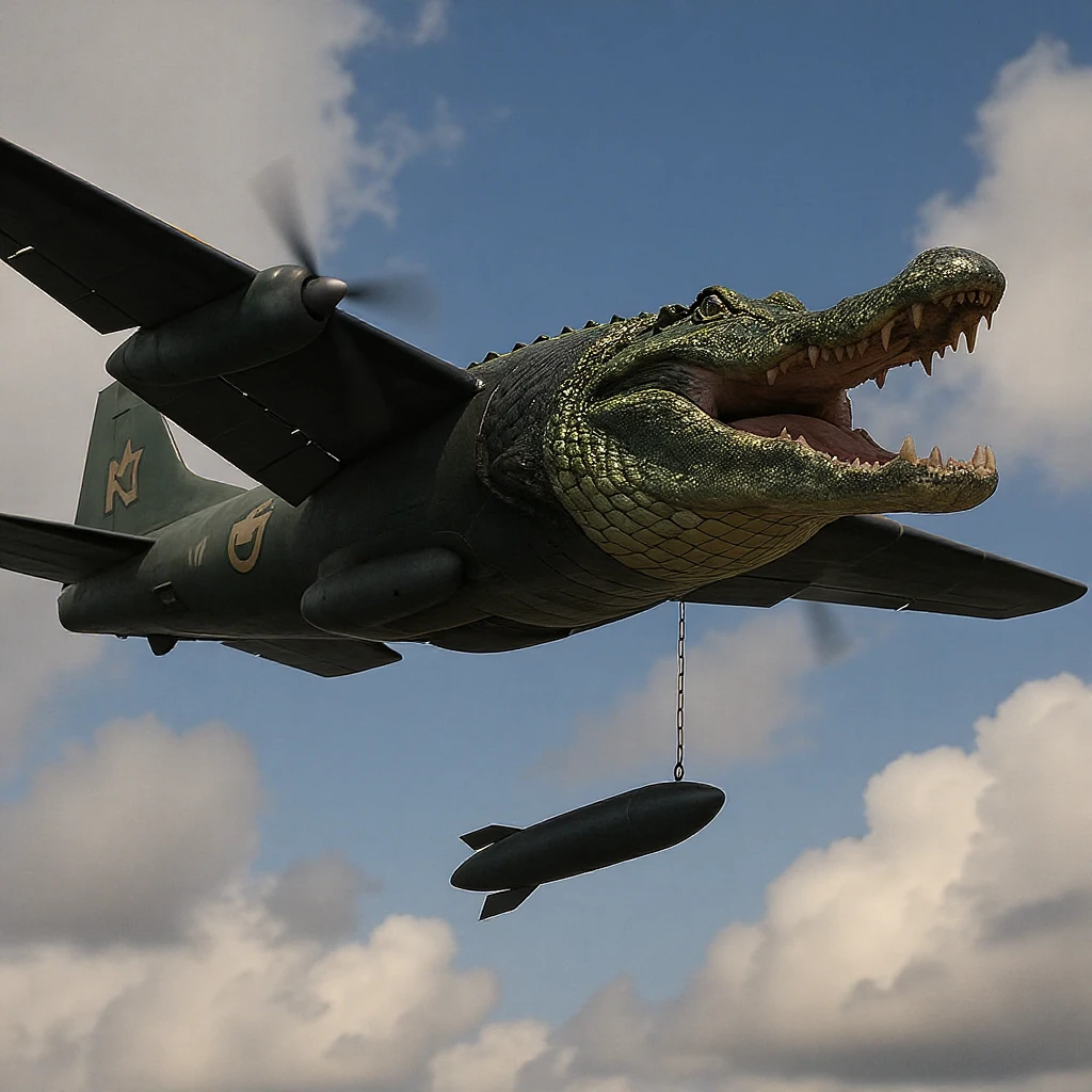 A bomber plane with a crocodile's head is flying and dropping a bomb in a surreal, edited image. emoji