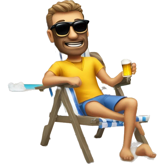 Hombre sentado tomando cerveza en una silla en la playa con lentes de sol  emoji