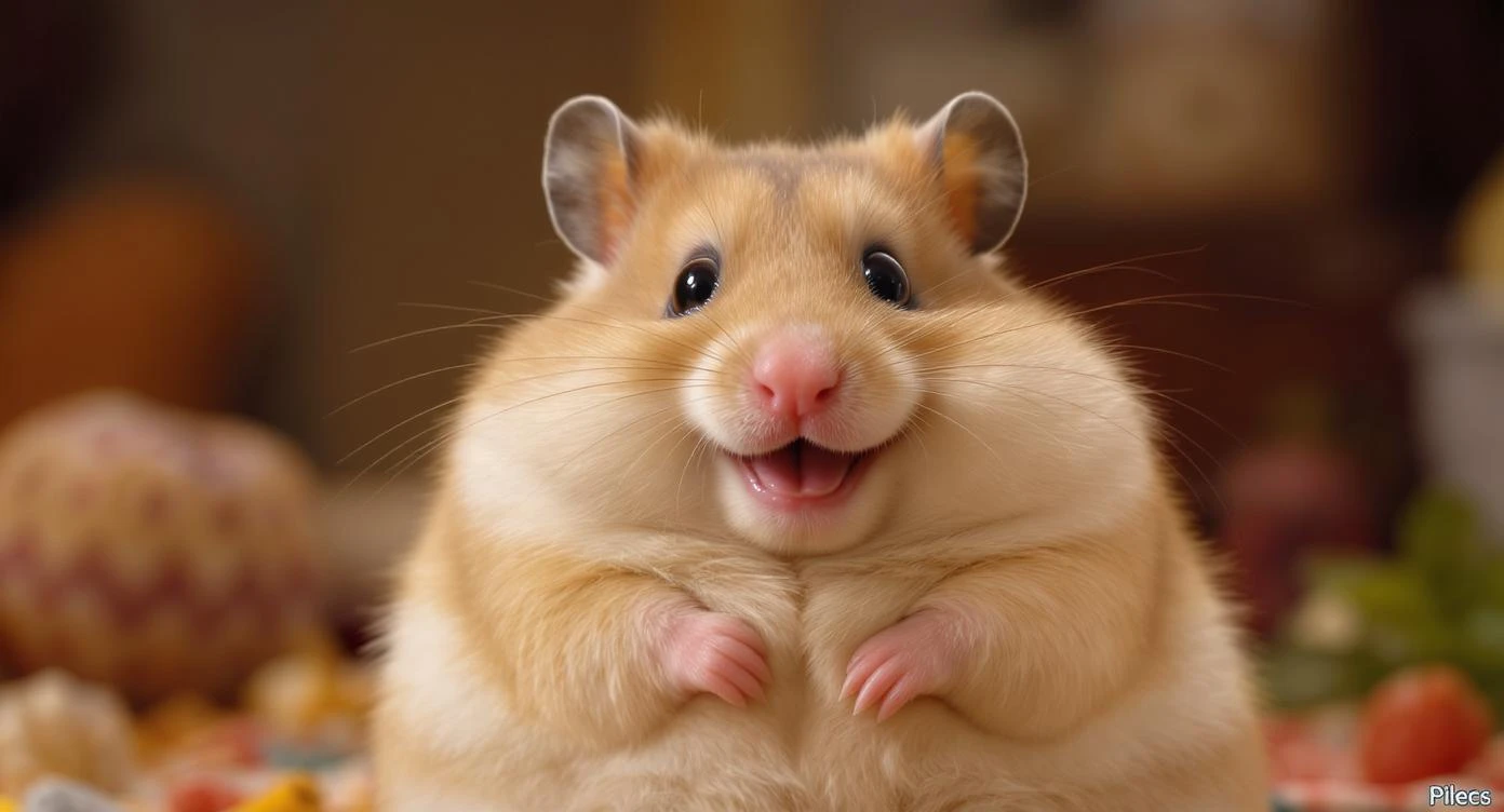 Cinematic still of A portrait of a fat hamster with huge ass showing to camera, meme, hamster is smiling emoji