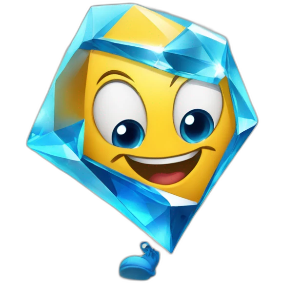 A blue brilliant diamond character with a funny face near the finish line emoji