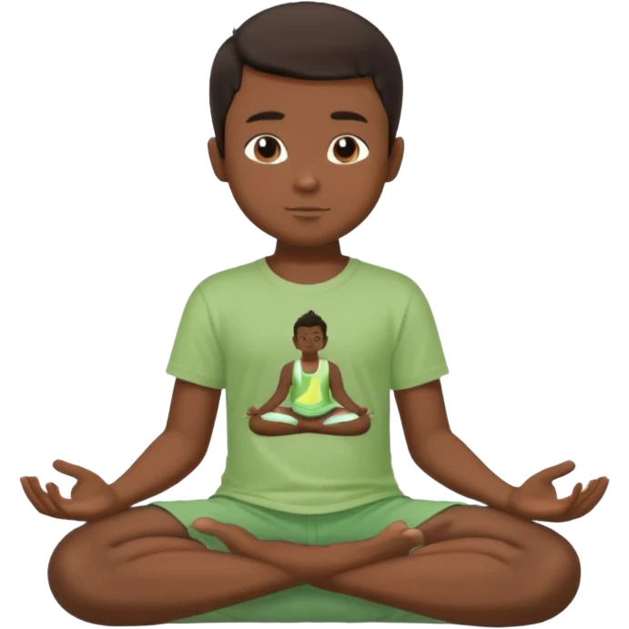 Menino de cabelo escuro, camiseta e bermuda verde claro sentado em pose de Buda emoji