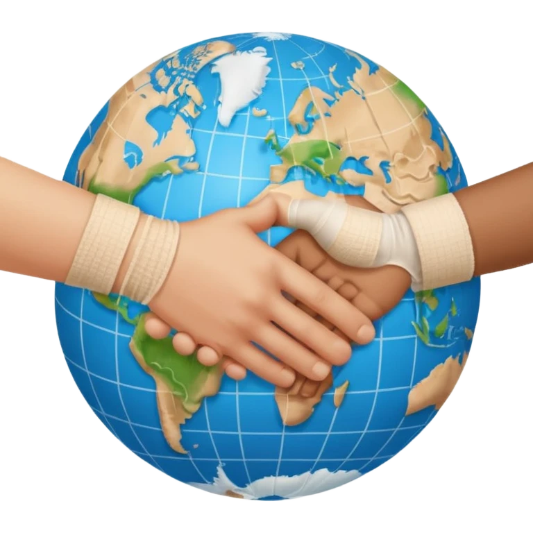 instead of two hands holding a globe, we have two hands handshaking in front of a globe. And in the background, we can see that the globe has a bandage or something. The handshake shows negotiation and the bandage around the globe shows improvement on climate change. Negotiation and climate change.  emoji