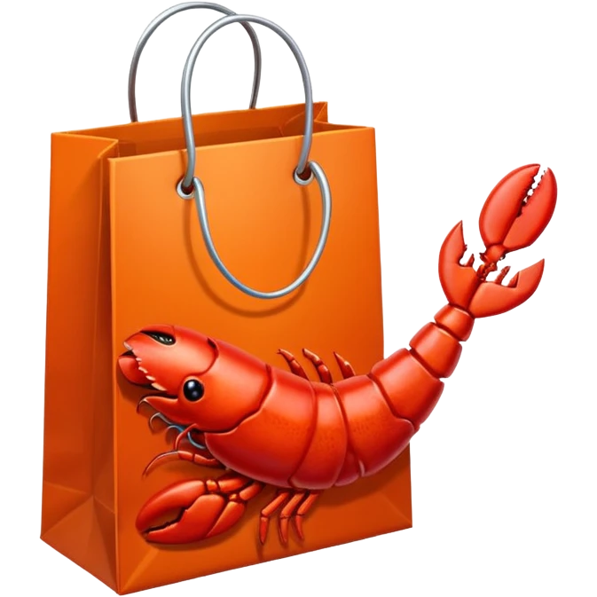 Gift bag with a lobster claw sticking out emoji