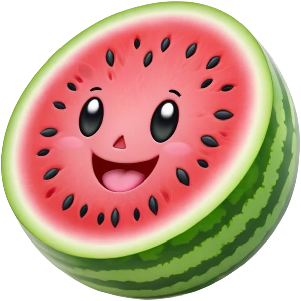 Cute Kawaii Watermelon Slice, juicy and vibrant, soft pastel green rind with pink flesh, tiny black seeds shaped like hearts, an adorable happy face with cute round eyes, bursting with summer energy! emoji
