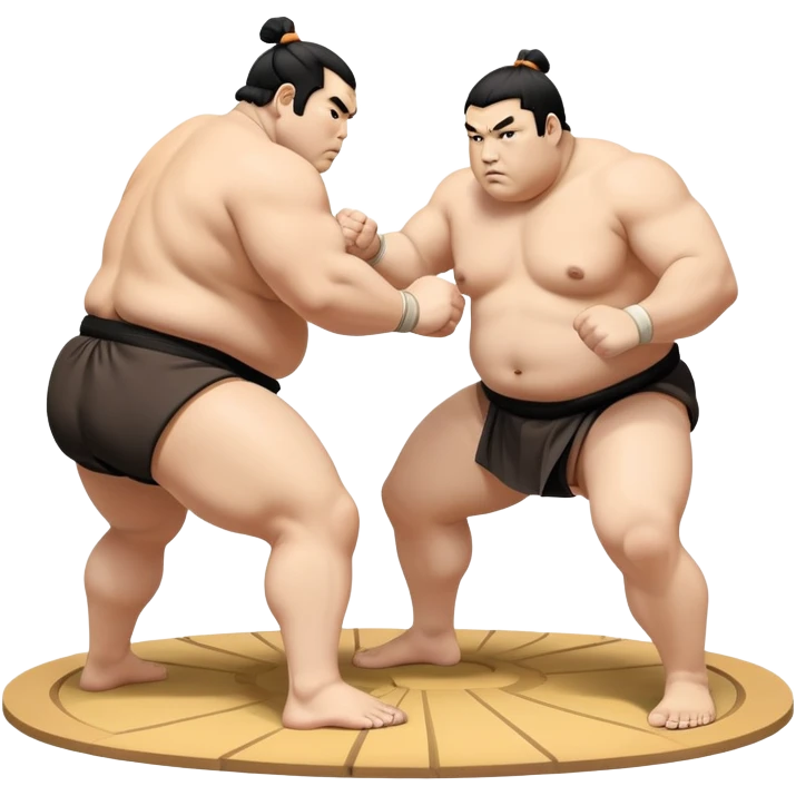 Two sumo wrestlers in a classic dohyo ring, each displaying powerful stances and ready to engage in a fierce match. One wrestler attempts a pushing attack, while the other counters with a thrust. The background shows the traditional sumo arena and spectators. Transparent background. emoji