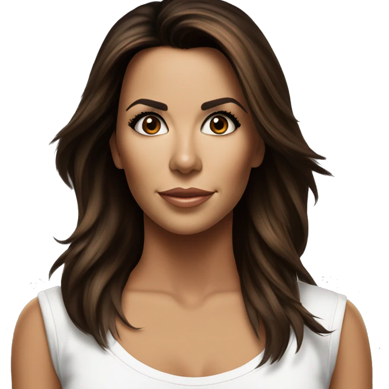 3/4 face, contrasted, shadow, light, Eva Longoria expression, standing from a distance, thin nose, brunette woman, hazel eyes, long eyelashes, dark shoulder shaded hair, white t-shirt, jeans, white sneakers emoji