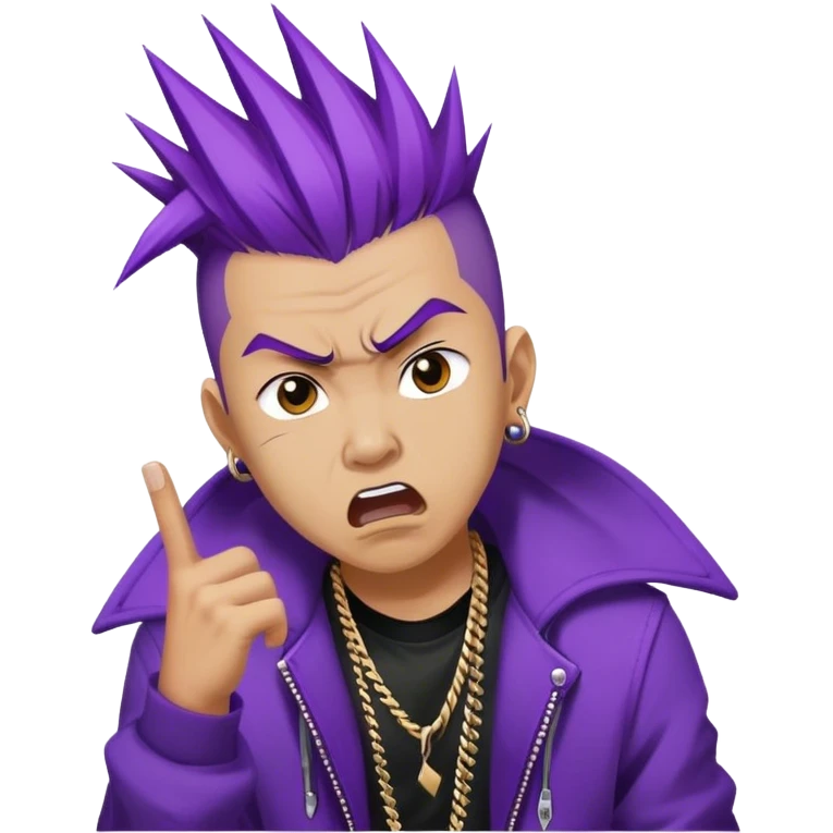 asian man with purple spike up hair, punk style, angry, rapping emoji
