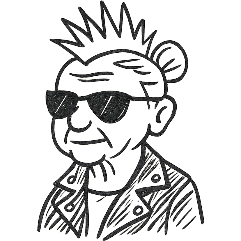 A punk grandma with a leather jacket, spiked hair, and sunglasses emoji