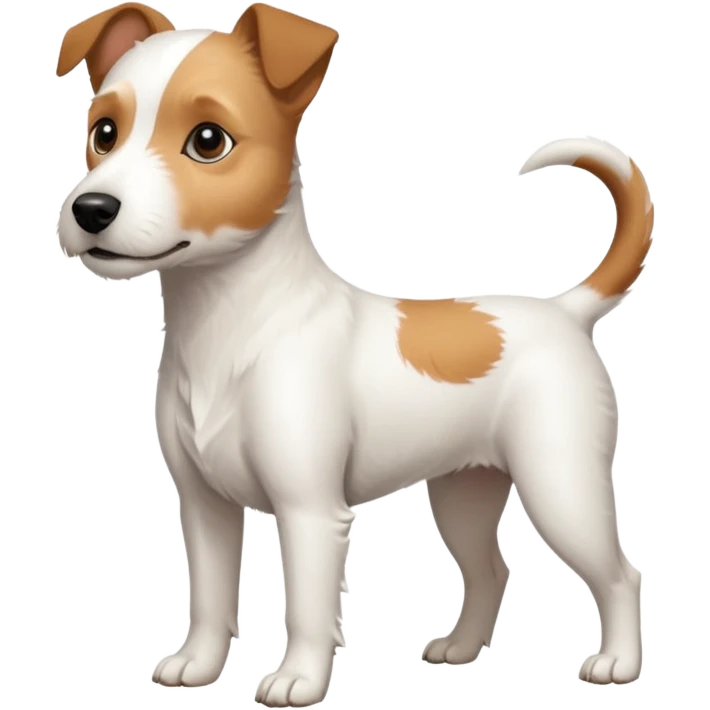 a full body slightly chubby white parson russell terrier looking dog the size of a kelpie with light brown long ears and a light brown patch on one eye and a large snout emoji
